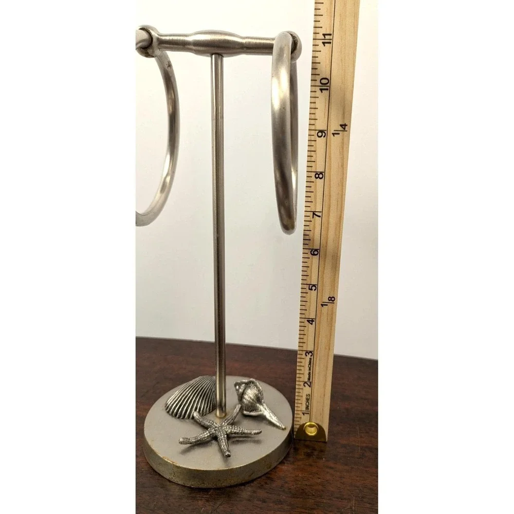 Vintage Coastal Nautical Double Towel Ring Holder Stand Brushed Nickel Seashell